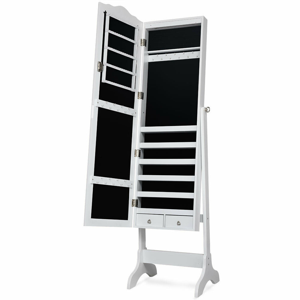 Jewelry armoire cabinet with full-length mirror, LED lights, and four tilting angles for organized storage in white.