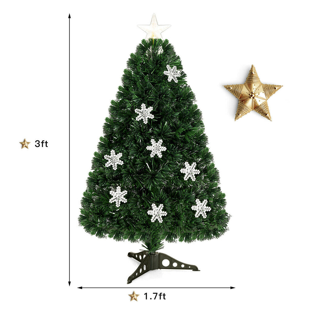 3-foot LED Optic Artificial Christmas Tree with snowflakes and multi-color lights, perfect for festive home decor.