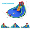 Inflatable water slide bounce house featuring dual slides, climbing wall, and mighty splash pool for outdoor fun.