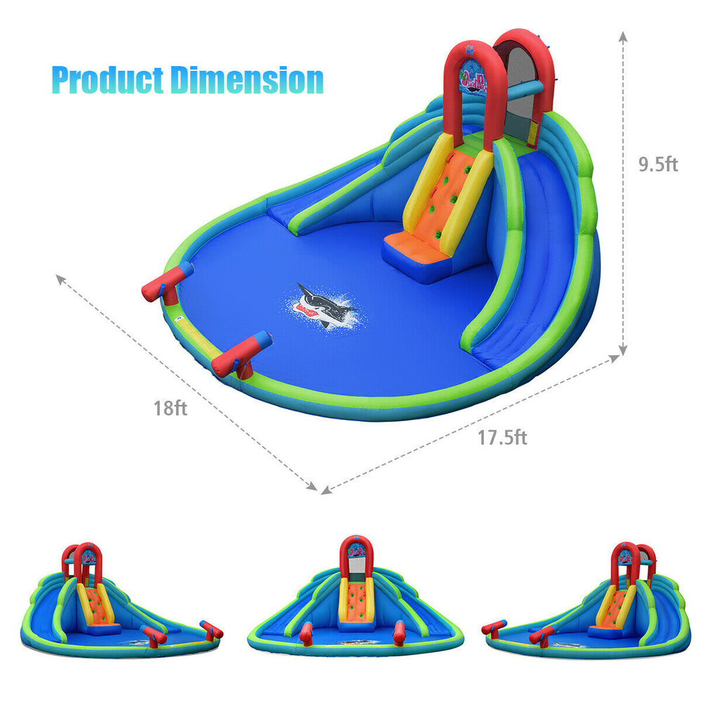 Inflatable water slide bounce house featuring dual slides, climbing wall, and mighty splash pool for outdoor fun.