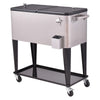 Stainless steel 80 quart patio rolling ice beverage cooler with locking casters and dual access lids for easy drink.