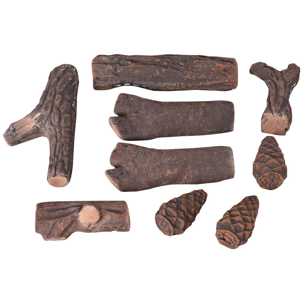 Realistic 9 PCS ceramic fireplace logs set, resembling natural wood, perfect for propane fireplaces and outdoor fire.