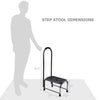 Step stool dimensions with a sturdy platform, heavy-duty iron construction, and safety handle for home and office use.
