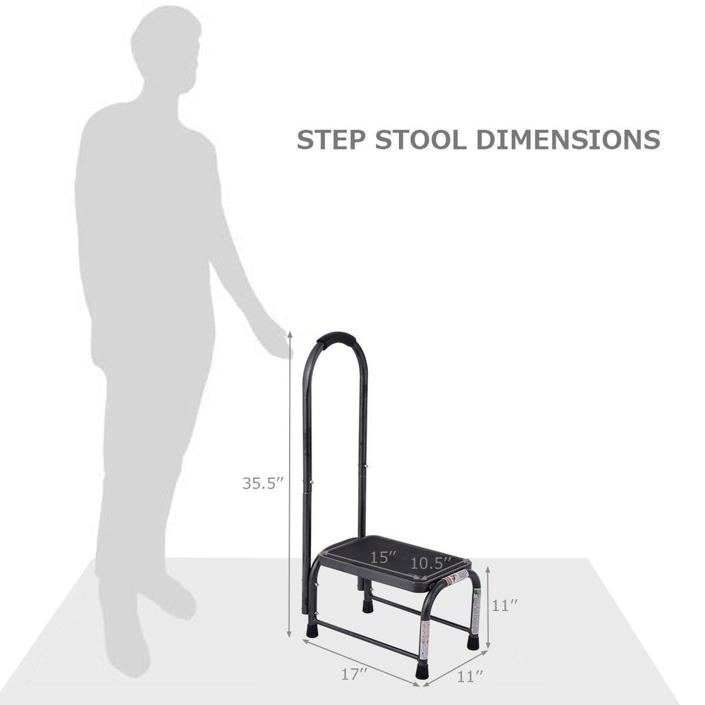 Step stool dimensions with a sturdy platform, heavy-duty iron construction, and safety handle for home and office use.