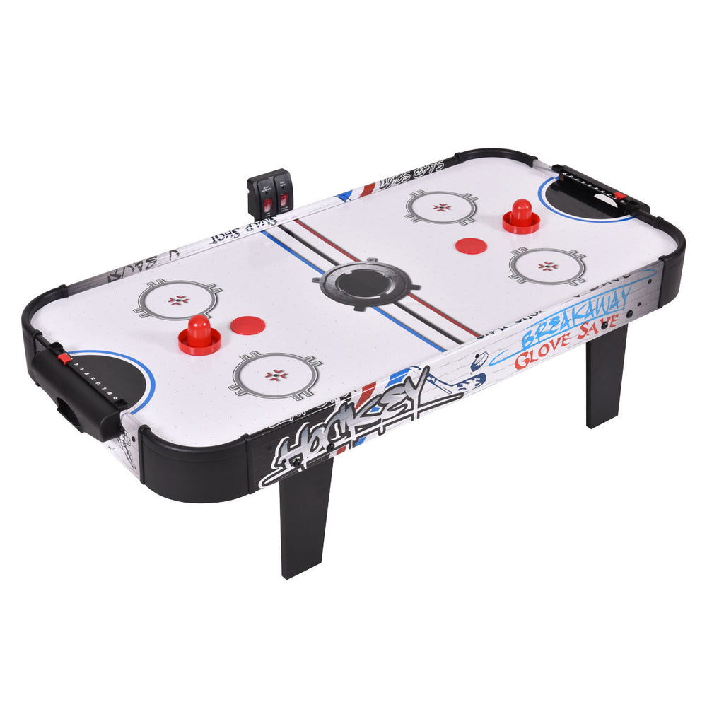 42-inch air hockey tabletop with electronic scorer, two pushers, and compact design for kids' entertainment.