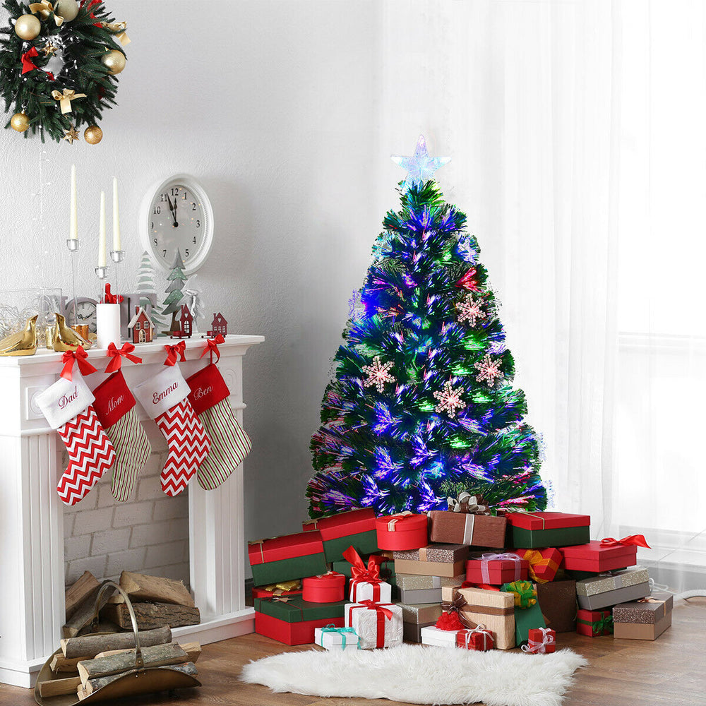 3-foot LED optic artificial Christmas tree with snowflakes, multi-color lights, and sturdy plastic base for festive.