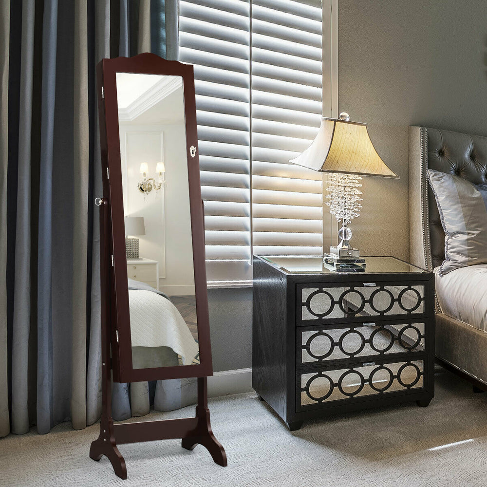 14 LED Jewelry Armoire Cabinet with Full Length Mirror and 4 Tilting Angles-Coffee - Gallery View 1 of 12