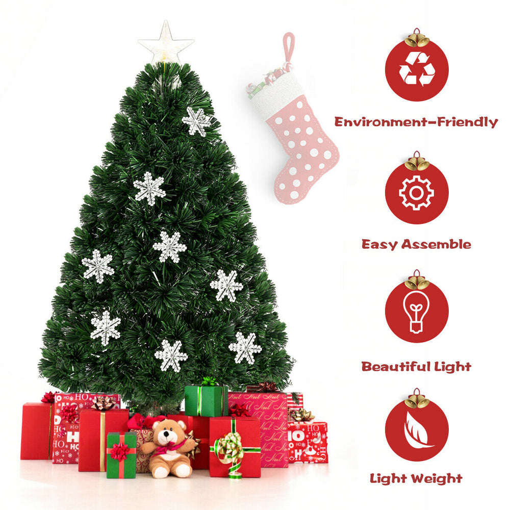 LED Optic Artificial Christmas Tree, 3 feet tall with dazzling optical fiber leaves and snowflakes for festive cheer.