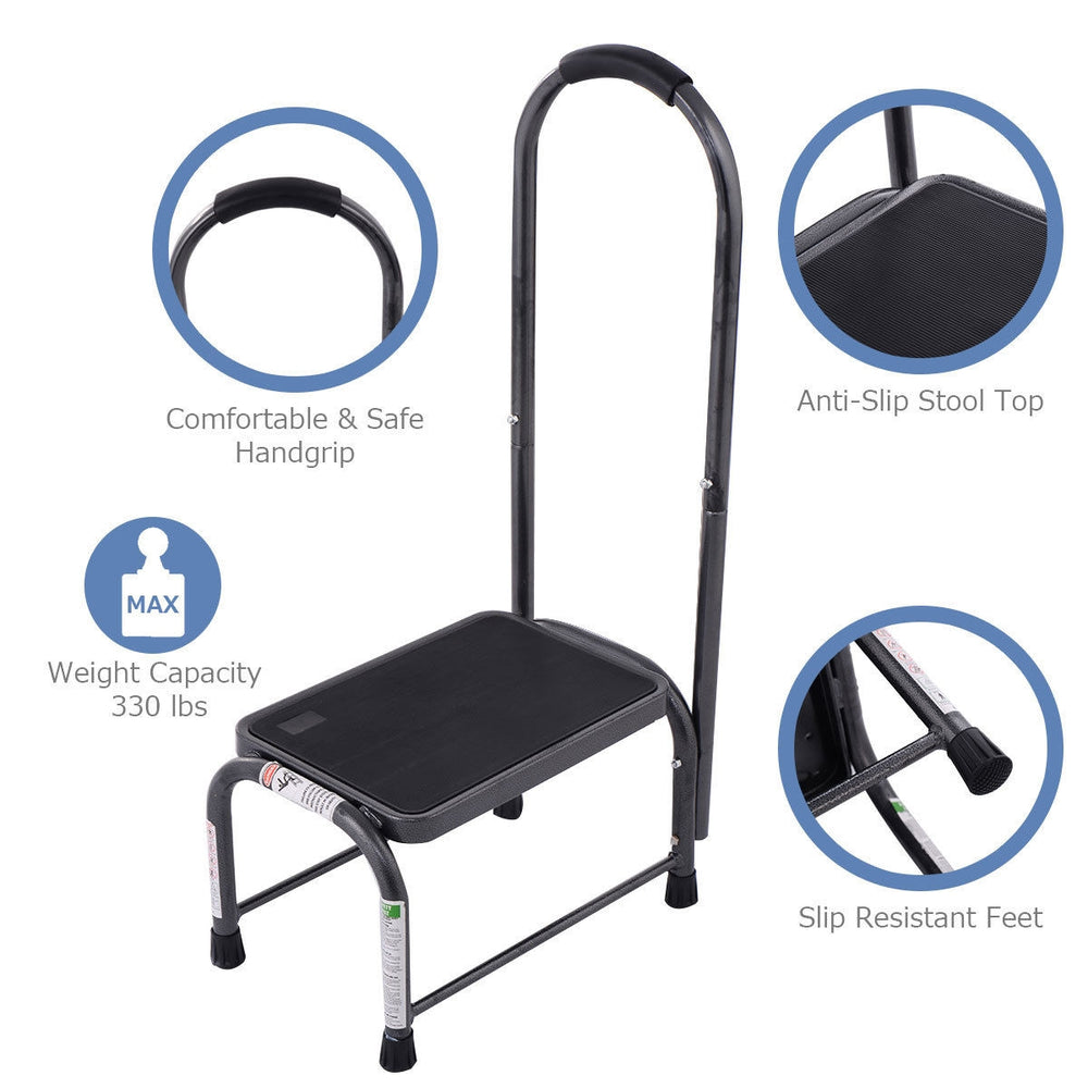 Heavy duty step stool with anti-slip top and safety handle, supports 330 lbs, ideal for home and office use.
