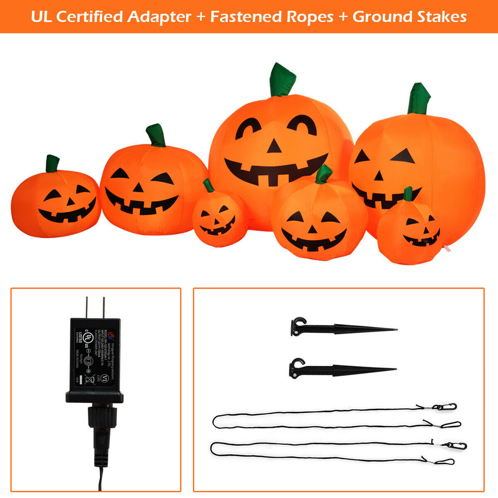 7.5 feet Halloween inflatable pumpkin patch with LED lights, waterproof material, includes adapter, ropes, and ground.