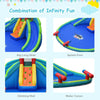 Inflatable water slide bounce house with climbing wall, splash pool, and water cannon for outdoor summer fun.