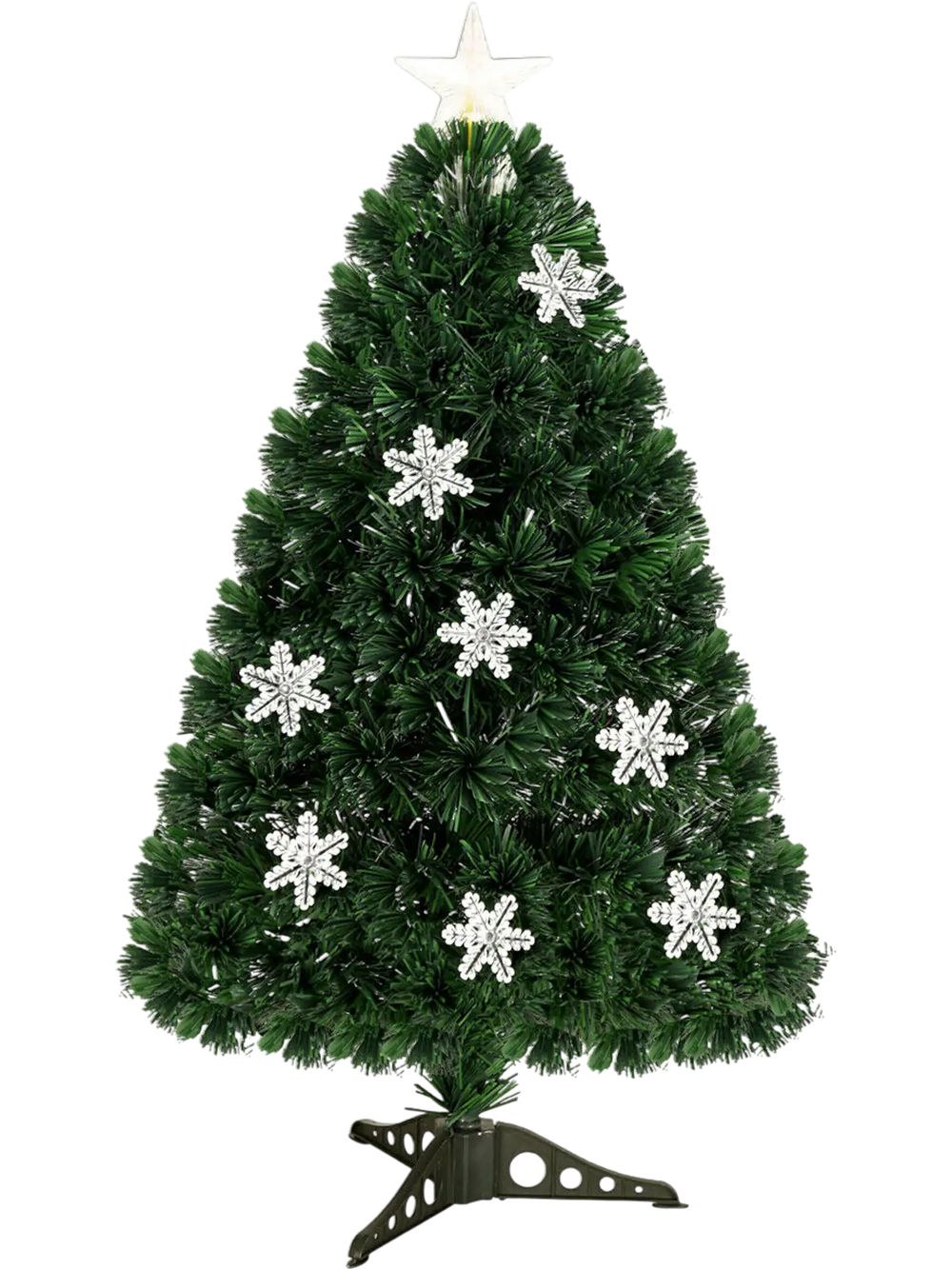 3-foot LED optic artificial Christmas tree with snowflakes, featuring multi-color lights and dense PVC needles for.