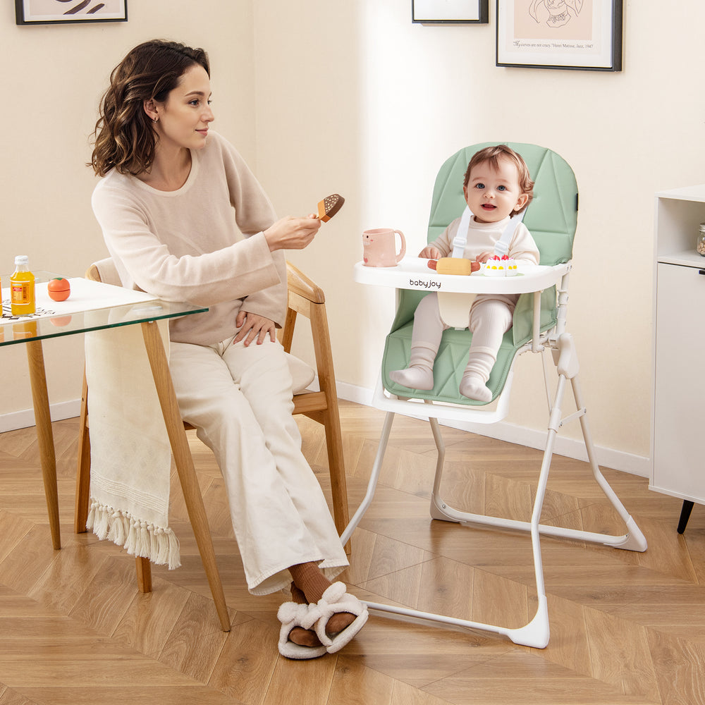 Easy Clean Compact Highchair with Removable Adjustable Tray and PU Seat Cushion-Green - Gallery View 1 of 10