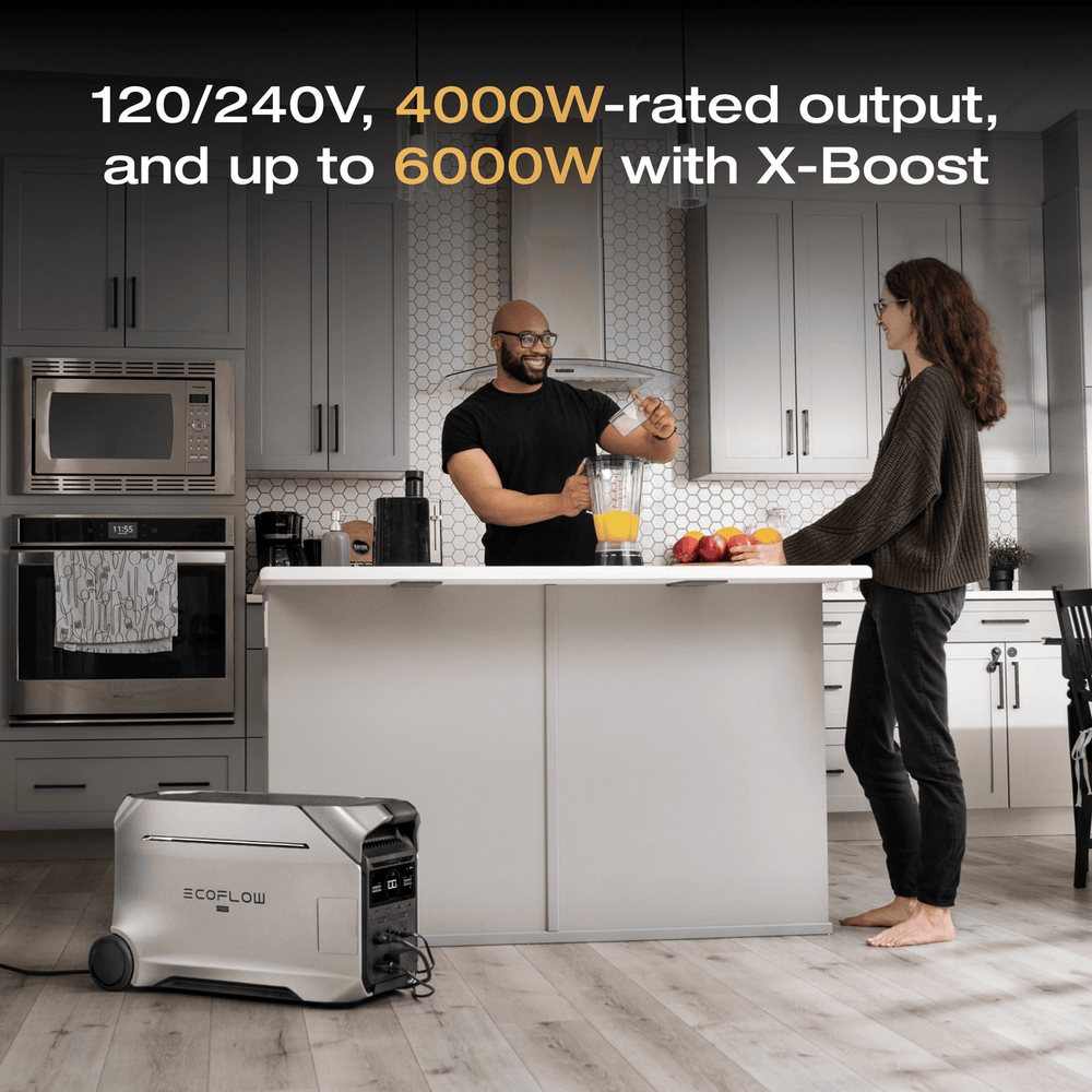 DELTA Pro 3 lifestyle image: 120/240V 4000W-rated output, up to 6000W with X-Boost