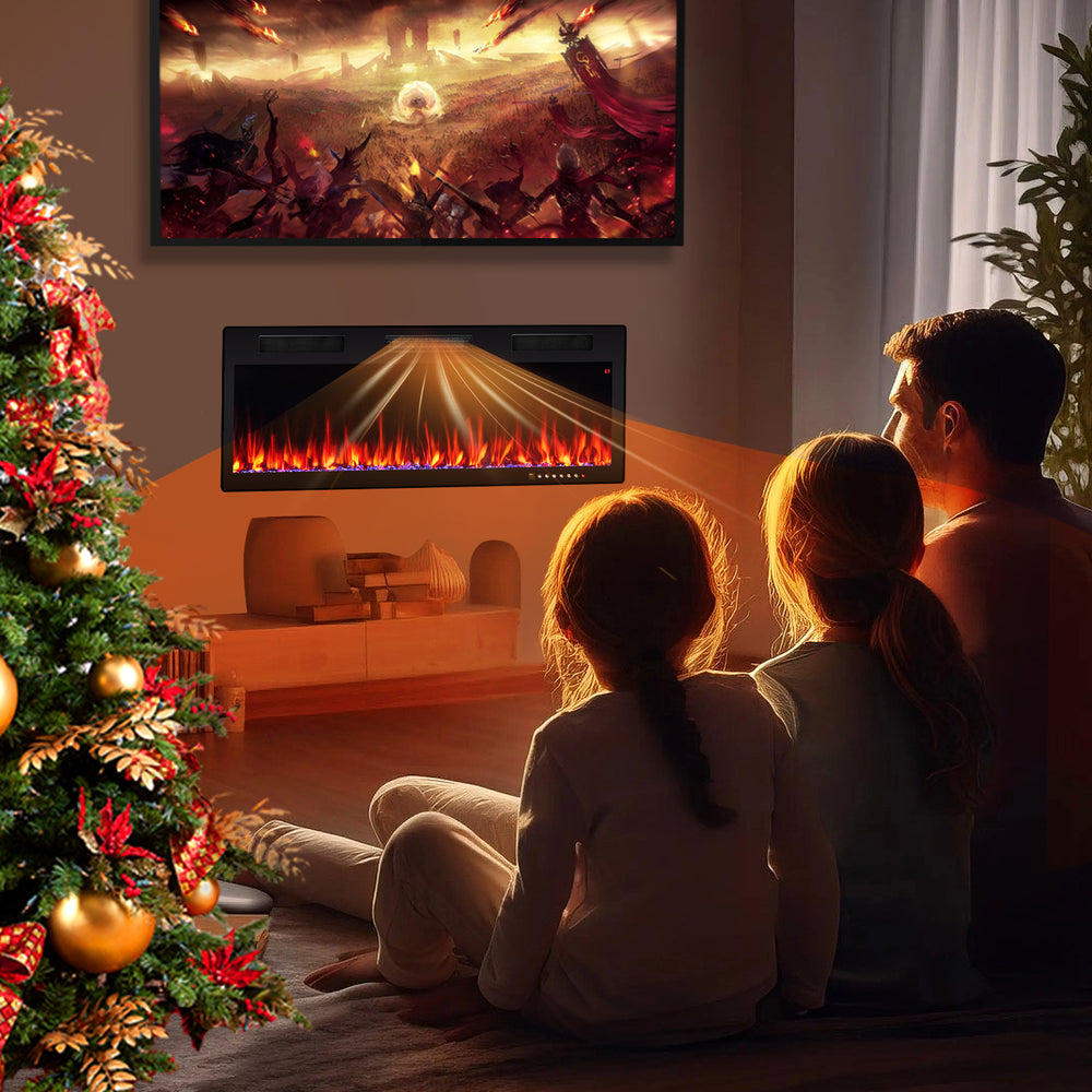 Electric fireplace with adjustable flame colors and brightness, wall-mounted for cozy family gatherings during winter.