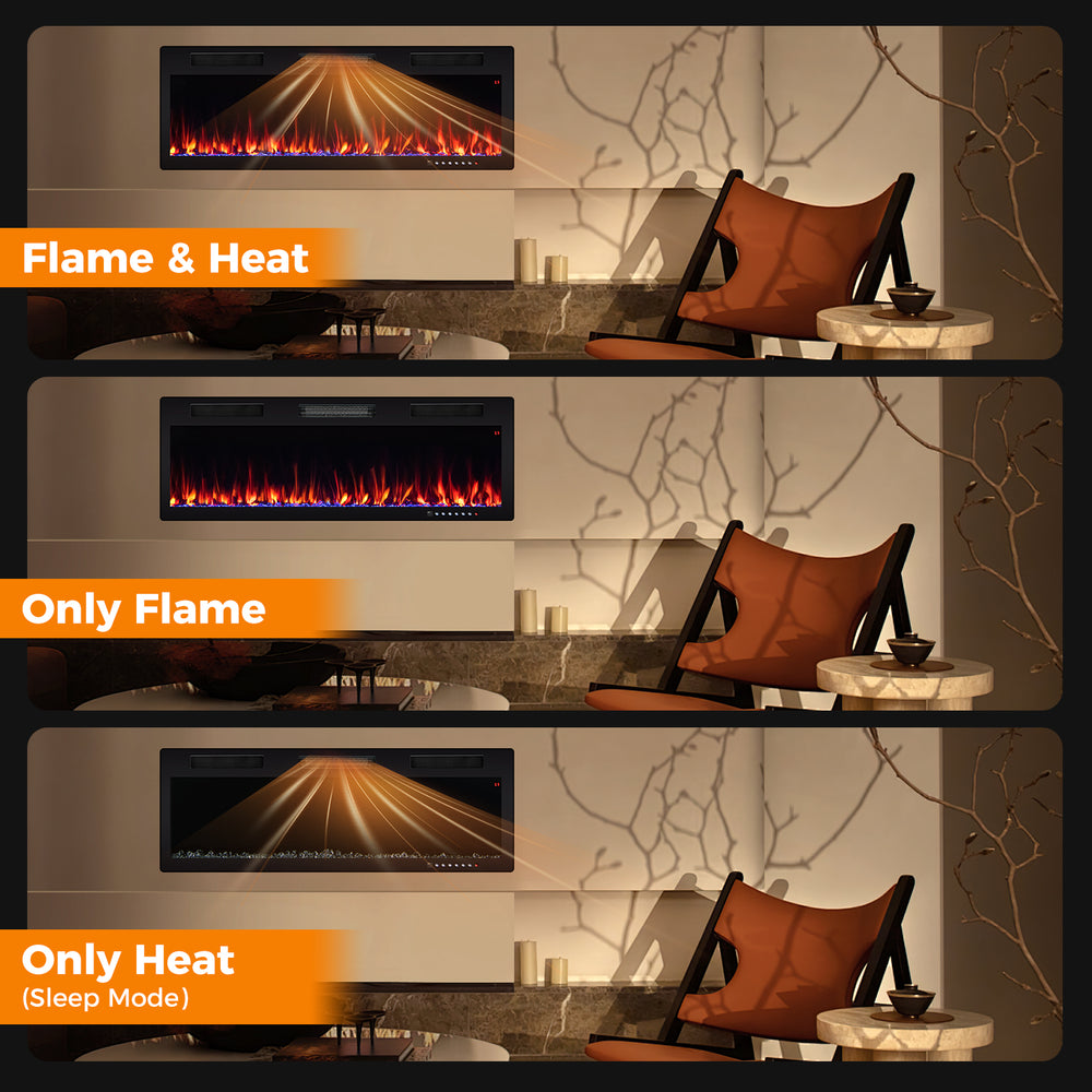 Electric fireplace with adjustable flame colors and brightness, showcasing flame and heat modes for cozy ambiance.
