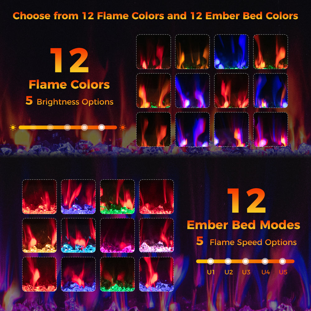 Adjustable flame and ember bed colors for the Electric Fireplace, featuring 5 brightness and flame speed options.