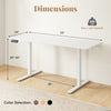 Electric standing desk in white with dimensions 63"x24", adjustable height 28"-46", featuring cable holes and hooks.