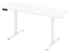 Electric standing desk in white with adjustable height, 3 memory settings, 2 hooks, and cable management holes.