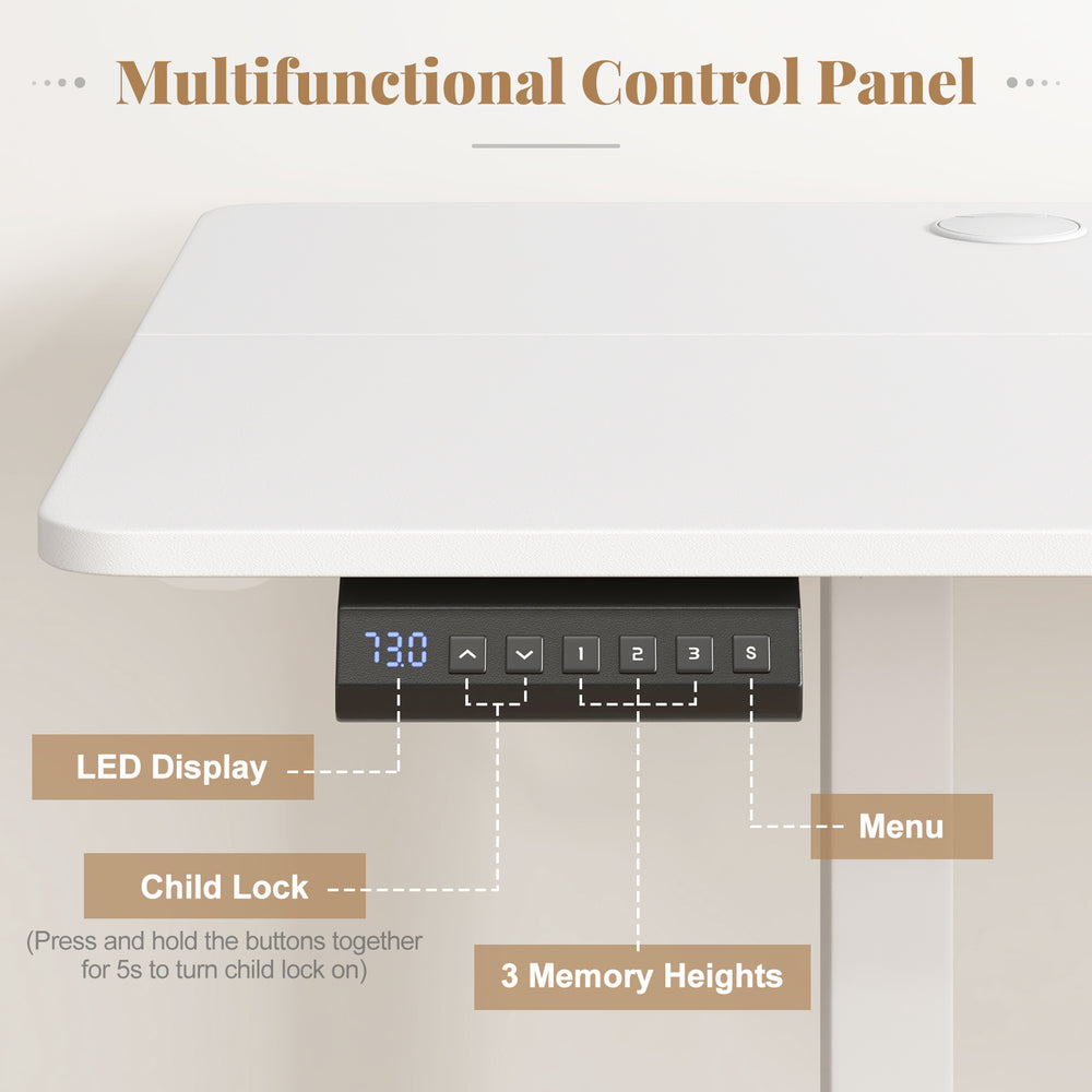 Multifunctional control panel of the electric standing desk with LED display and 3 memory heights for easy adjustments.
