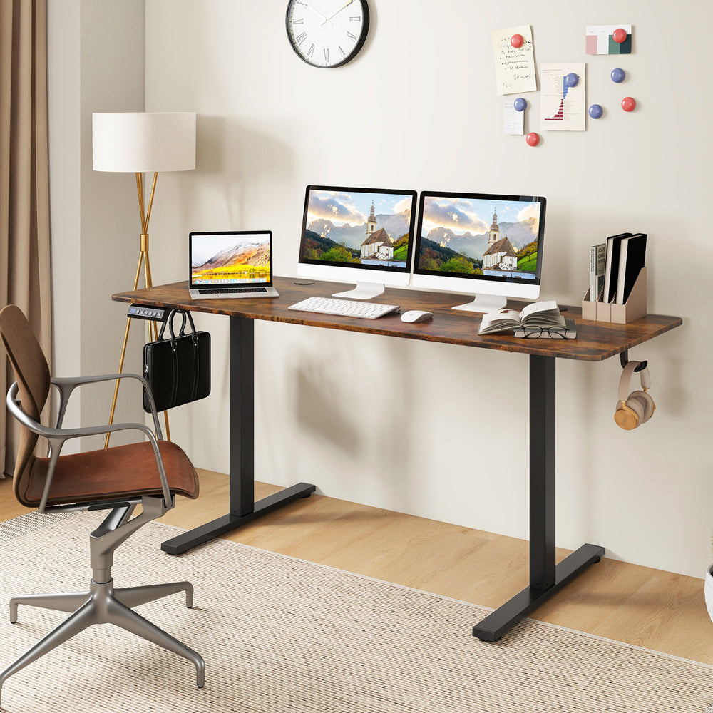 Electric Standing Desk with 3 Memory Heights and 2 Hanging Hooks and Cable Holes-Rustic Brown - Gallery View 1 of 10