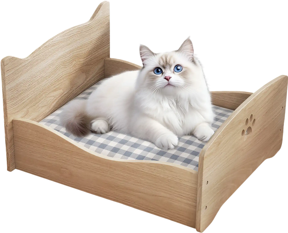 Elevated pet bed frame with ear-shaped headboards and guardrails, perfect for small pets like cats and puppies.