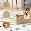 Elevated pet bed frame in walnut with ear-shaped headboards, hollow paw pattern, and smooth curved corners for small.