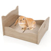 Elevated pet bed frame with ear-shaped headboards, protective guardrails, and walnut finish for small pets like rabbits.