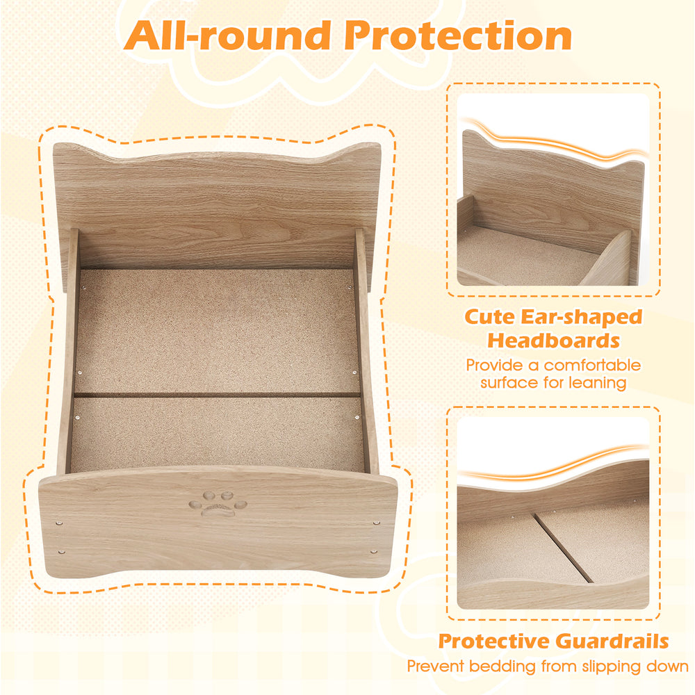 Elevated pet bed frame with cute ear-shaped headboards and protective guardrails, ideal for small pets like puppies and.