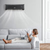Mini split air conditioner in gray, showcasing 4-in-1 functionality for cooling, heating, and fan use in a modern.