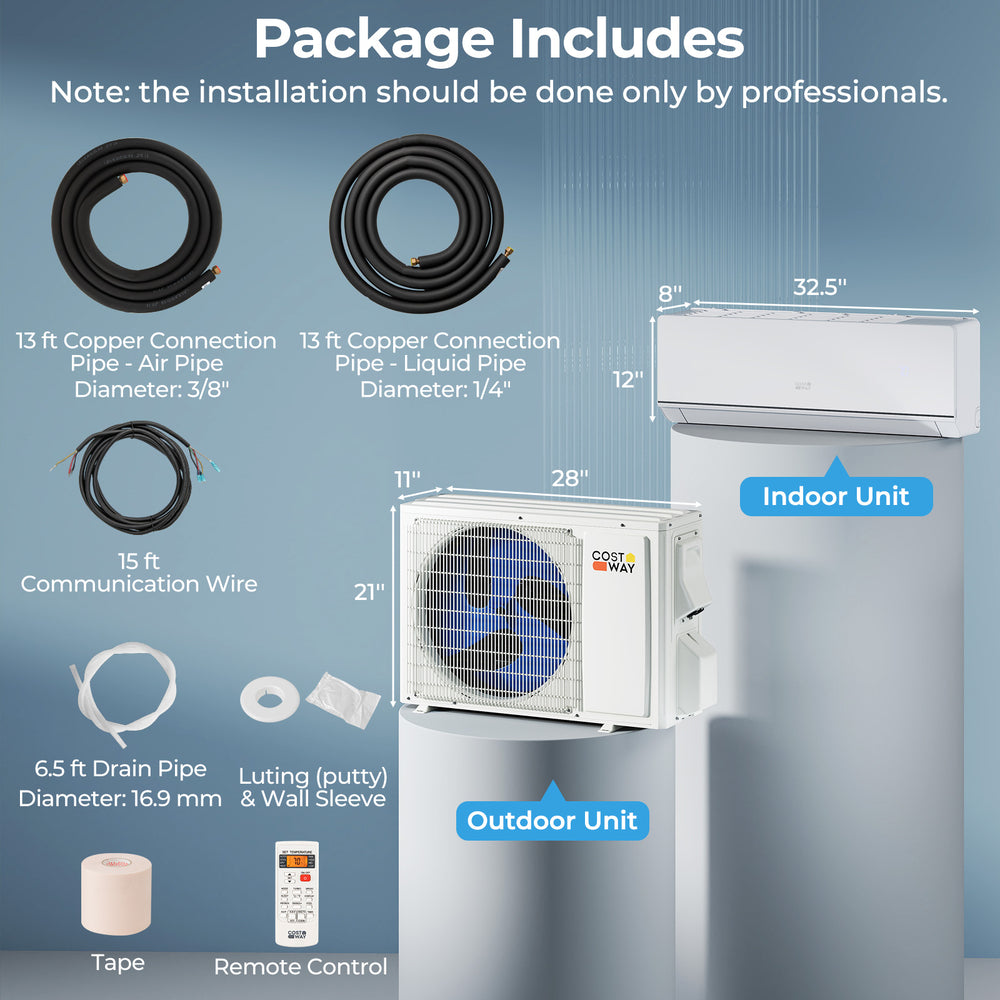 Indoor and outdoor units of the SEERXtreme Mini Split Heat Pump, 12000 BTU, with installation accessories included.