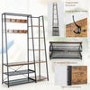 5-in-1 entryway hall tree in rustic brown with 9 hooks and shelves, ideal for organized storage and stylish decor.