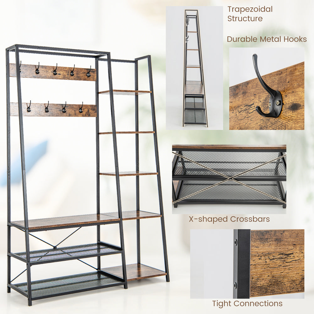 5-in-1 entryway hall tree in rustic brown with 9 hooks and shelves, ideal for organized storage and stylish decor.