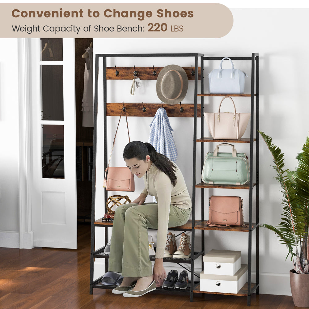 5-in-1 entryway hall tree in rustic brown with shoe bench, 9 hooks, and 5 shelves for organized storage.