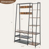 5-in-1 entryway hall tree with rustic brown finish, featuring 9 hooks and 5 shelves for versatile storage solutions.