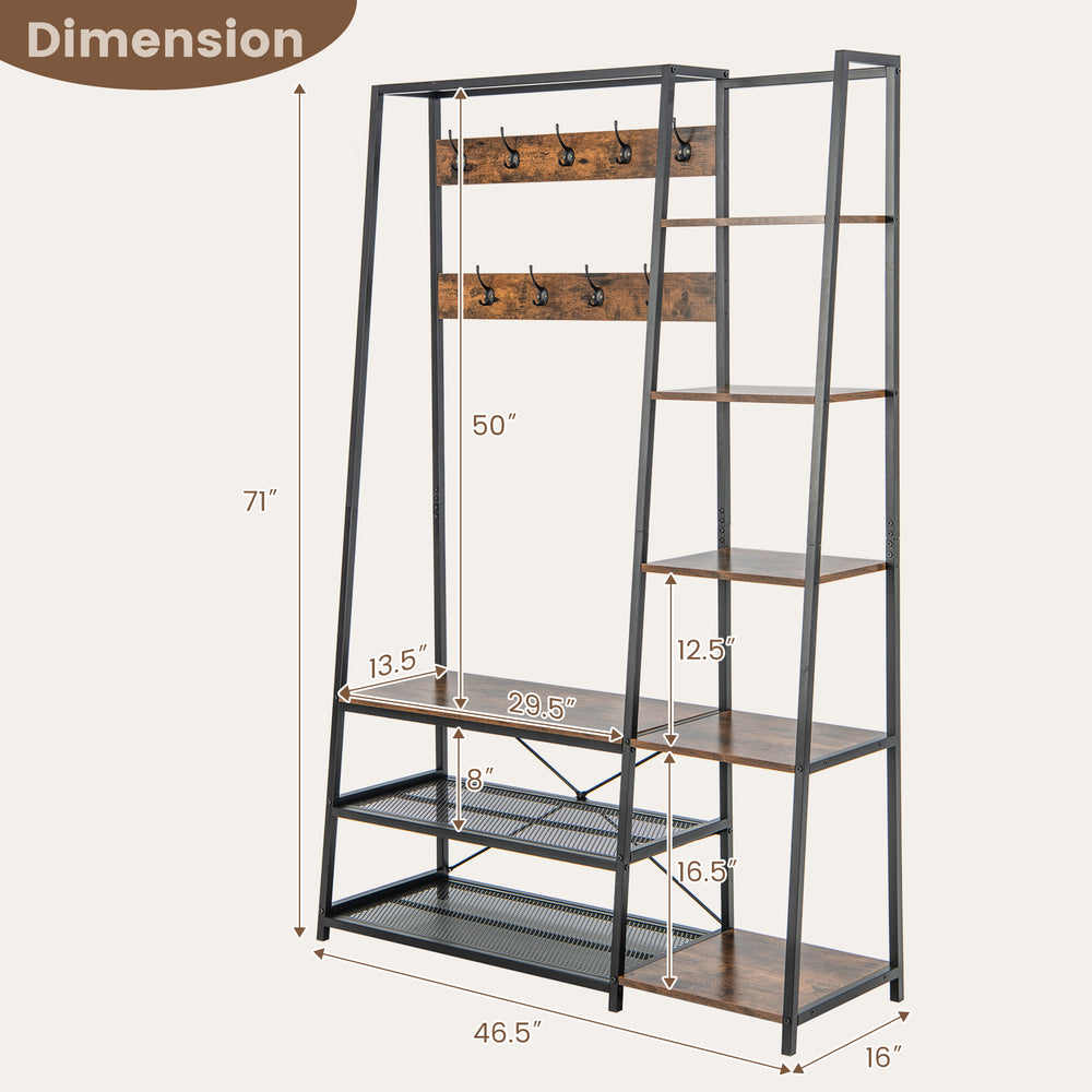 5-in-1 entryway hall tree with rustic brown finish, featuring 9 hooks and 5 shelves for versatile storage solutions.