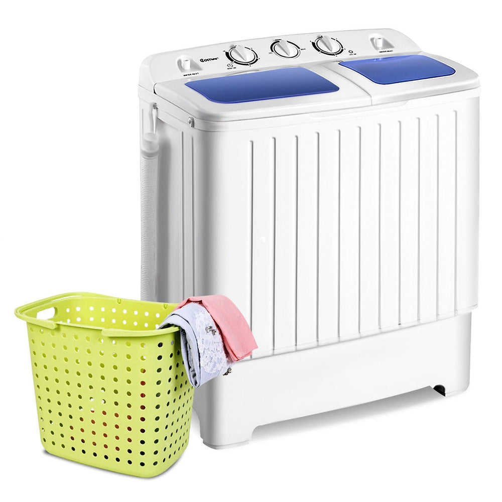 Compact twin tub washing machine with separate timer controls and drainage tube, ideal for home use and small spaces.