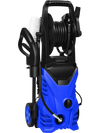 Front view of the 1800W electric pressure washer in blue, featuring durable design and hose reel for convenient storage.