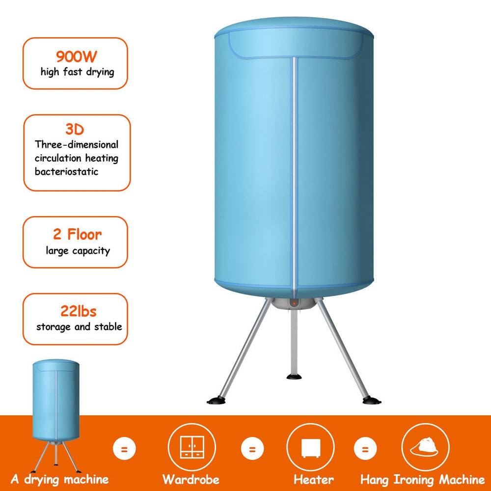 Portable ventless laundry dryer in blue, holding up to 22 lbs, designed for compact storage and energy-efficient drying.