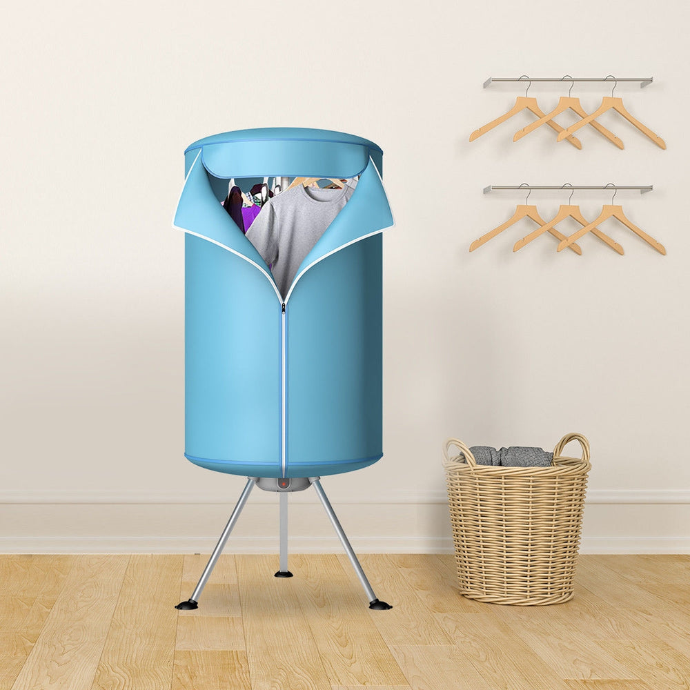 Portable ventless laundry dryer in blue, designed for compact storage, holding up to 22 lbs of clothes for efficient.
