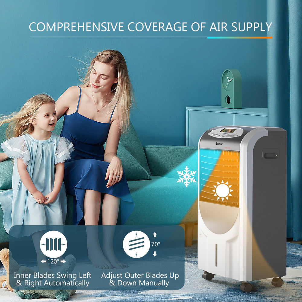 Portable air cooler fan with heater and humidifier, featuring a honeycomb cooling pad, remote control, and 4 caster.