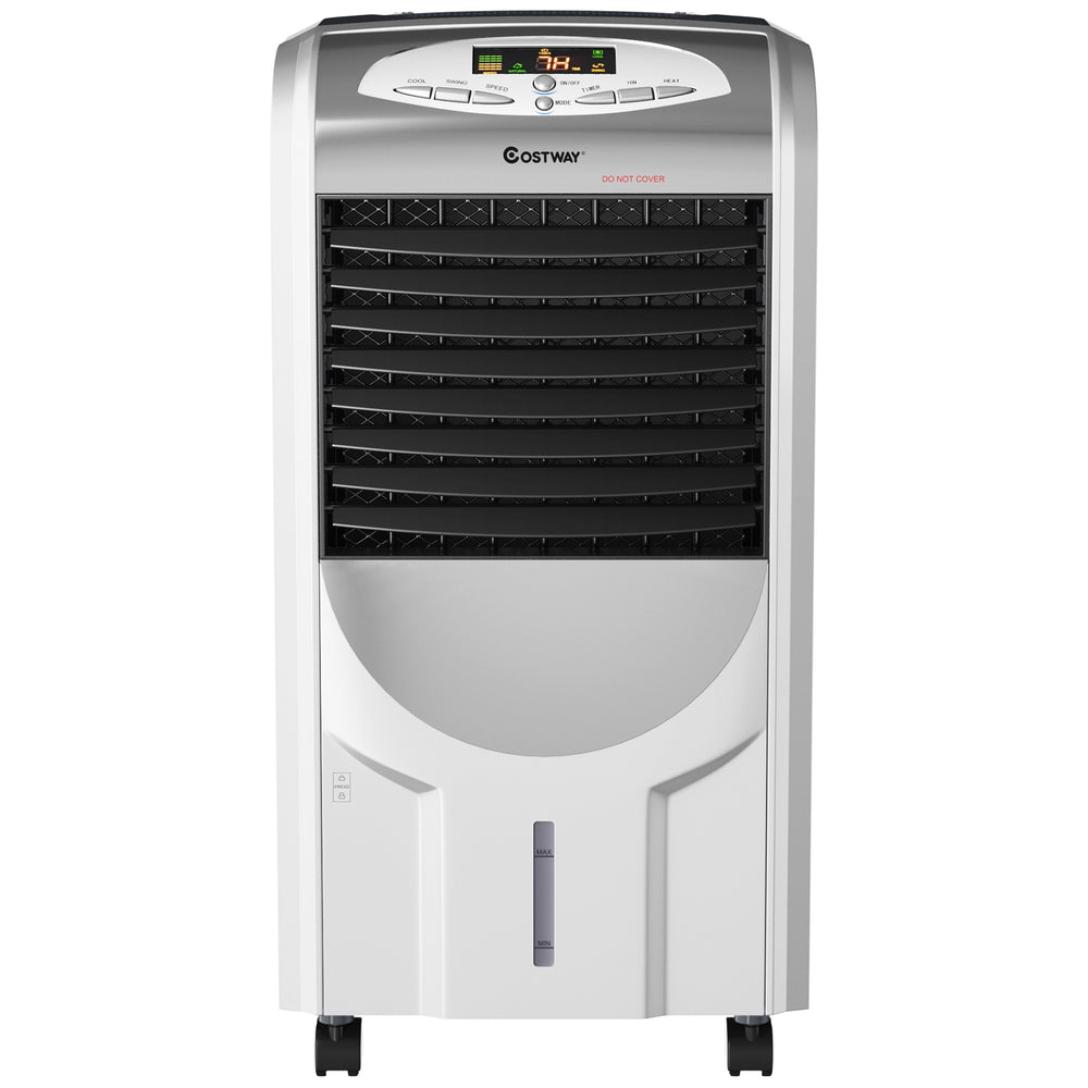 Portable air cooler fan with heater and humidifier, featuring a honeycomb cooling pad and remote control for versatile.