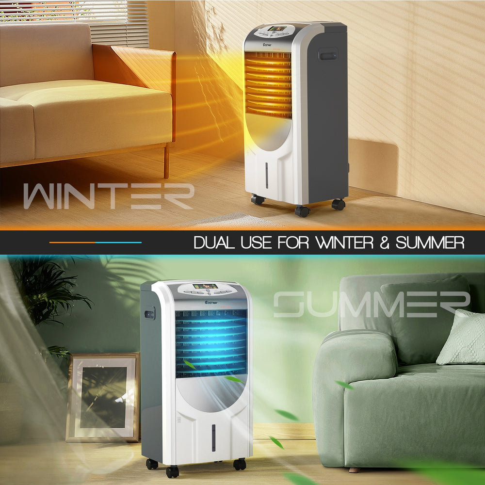 Portable air cooler fan with heater and humidifier function, featuring a honeycomb cooling pad and remote control for.
