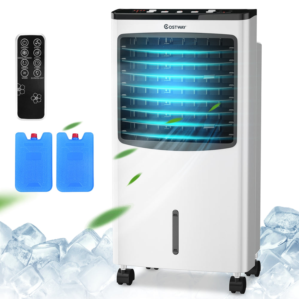 Portable evaporative air conditioner cooler with remote control, 8L water tank, and ice-crystal boxes for enhanced.