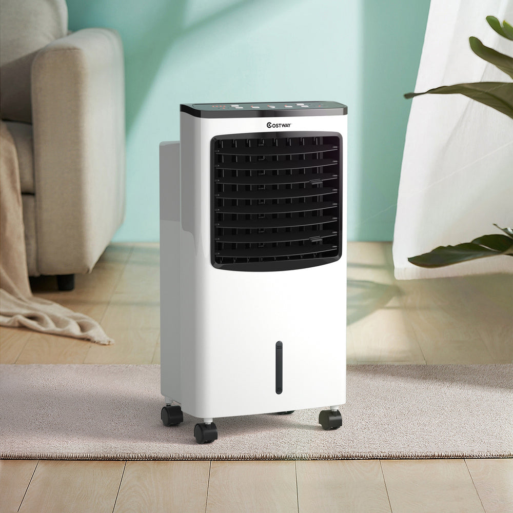 Portable evaporative air conditioner cooler with remote control, 8L water tank, ideal for home and office use.