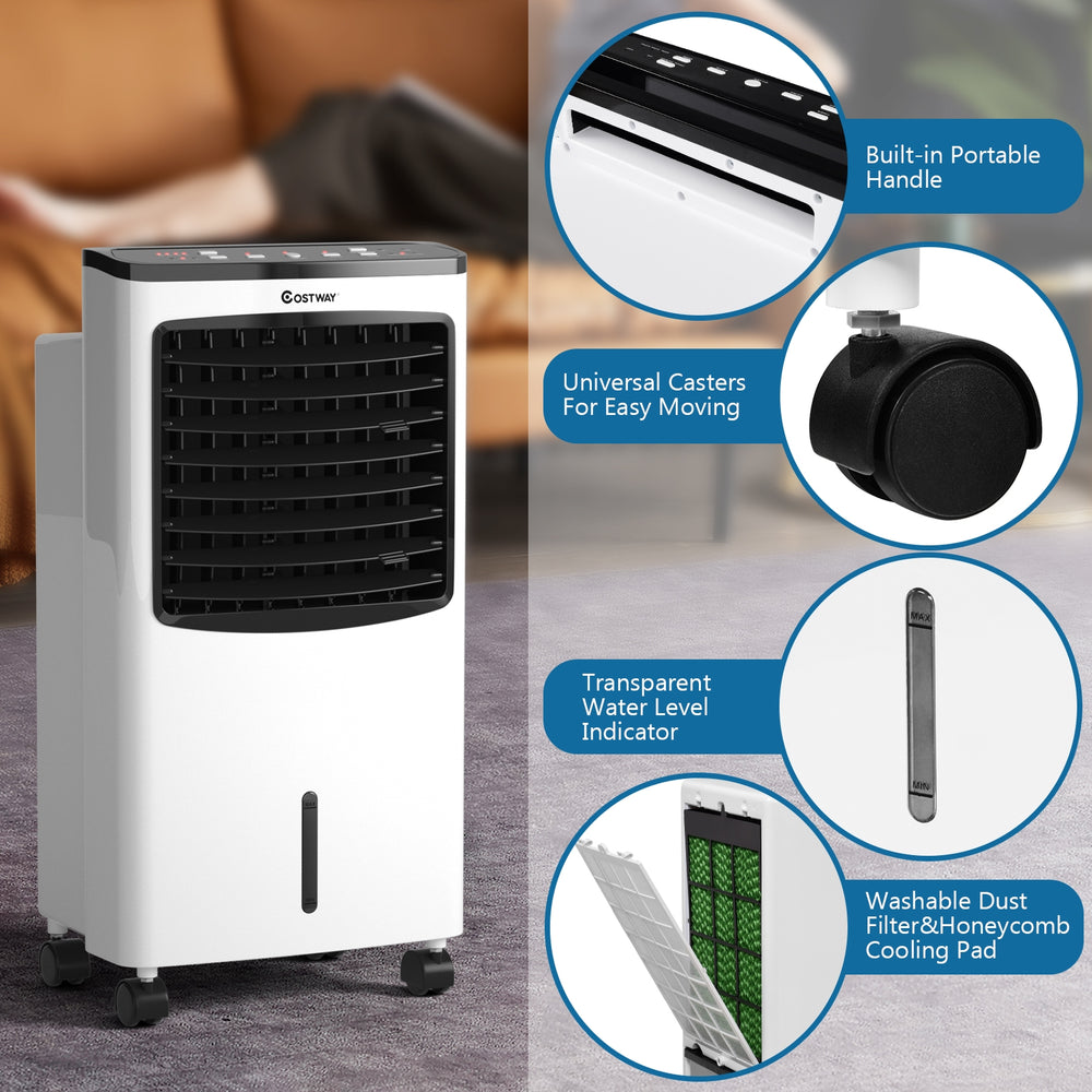 Portable evaporative air conditioner cooler with remote control, 8L water tank, and honeycomb cooling pad for home use.