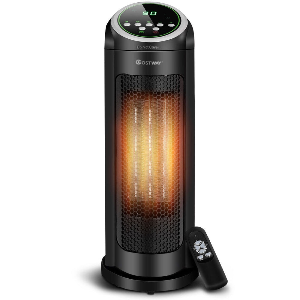 Portable oscillating PTC ceramic space heater with LED display, remote control, and safety features for efficient.