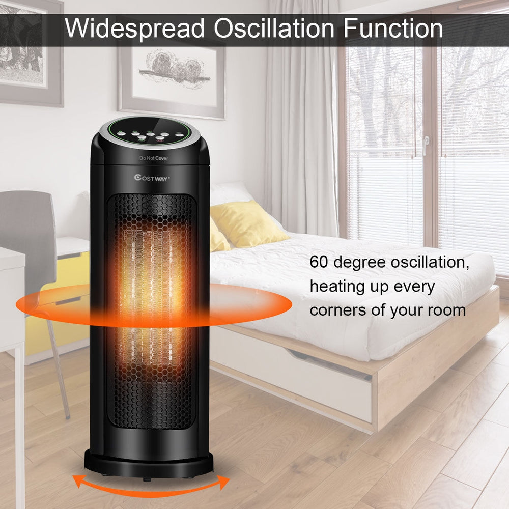 Portable oscillating PTC ceramic space heater with LED display, remote control, and safety features for efficient room.
