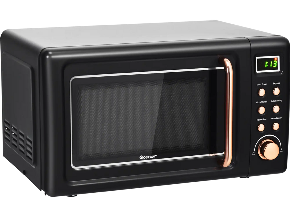 700W retro countertop microwave oven in black with golden accents, featuring 5 power levels and 8 auto cooking modes.