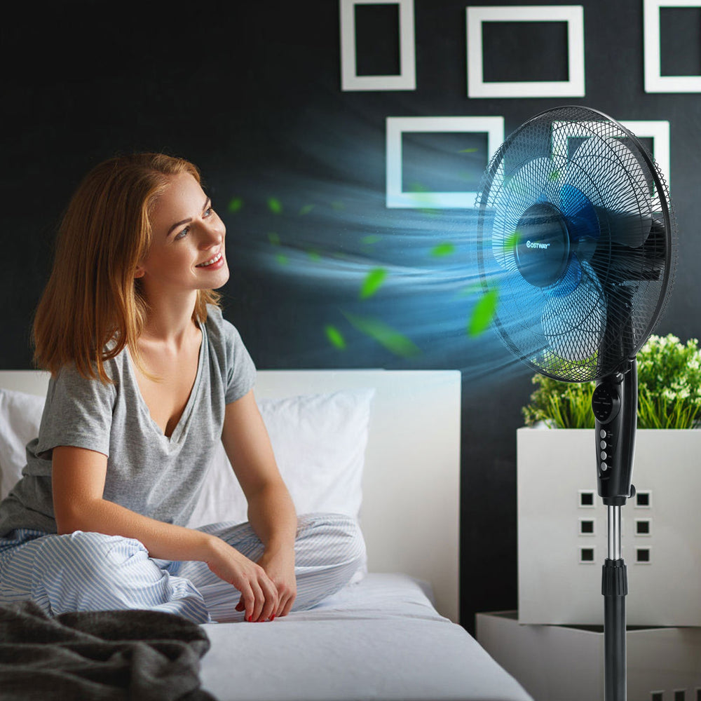 16-inch adjustable height fan with quiet oscillating stand, providing customizable cooling for home and office use.